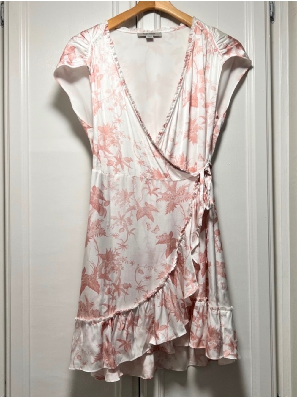 All Saints Satin Floral Wrap Dress in white/blush